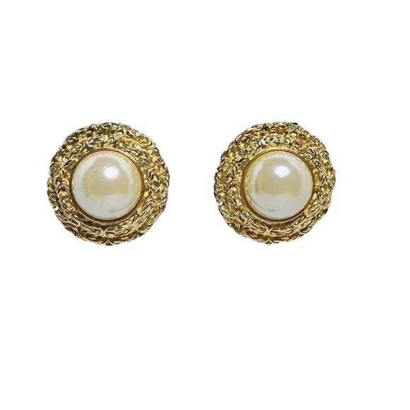 Unknown Jewelry - Large Gold Tone And Faux Pearl Clip On Earrings (6083)